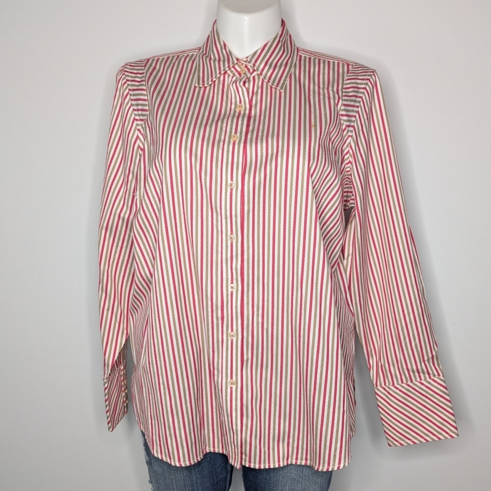 Tommy Hilfiger Red White Brown Stripes Long Sleeve Cotton Button Up 16